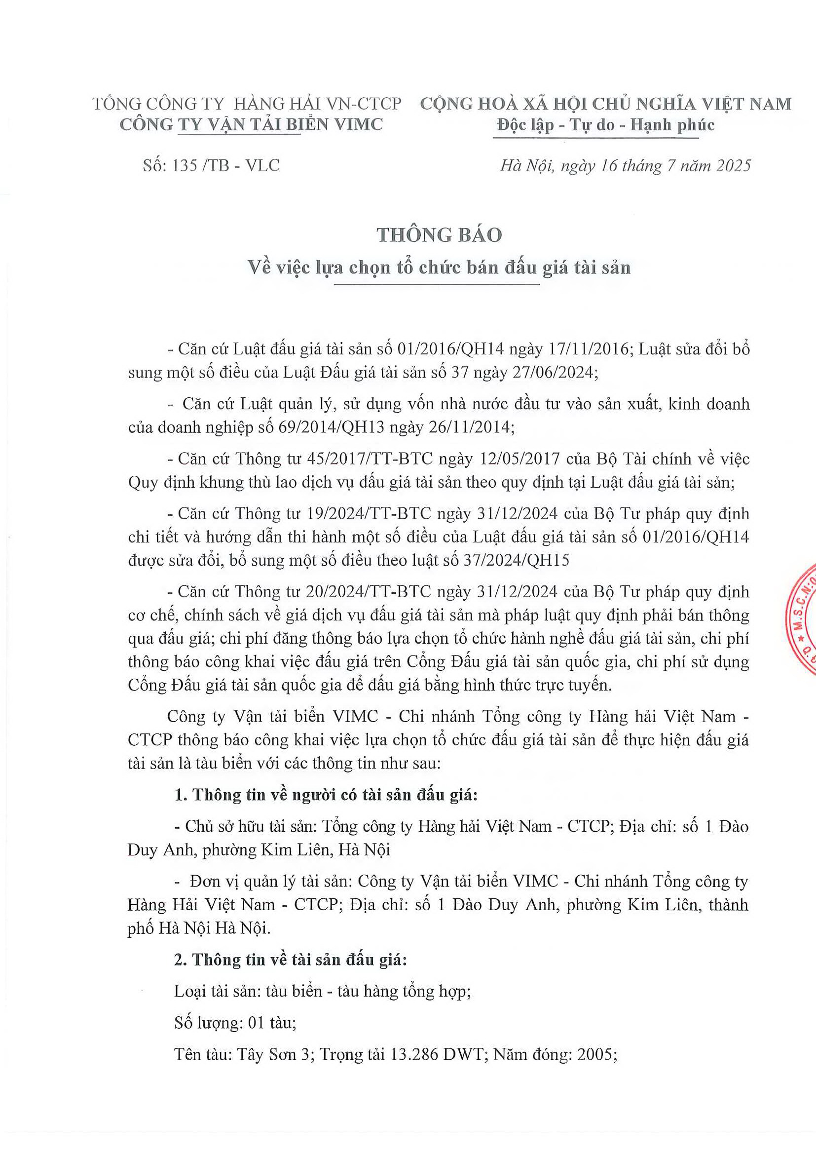 Thông báo vv tổ chức bán đấu giá tài sản (tàu Tây Sơn 3)